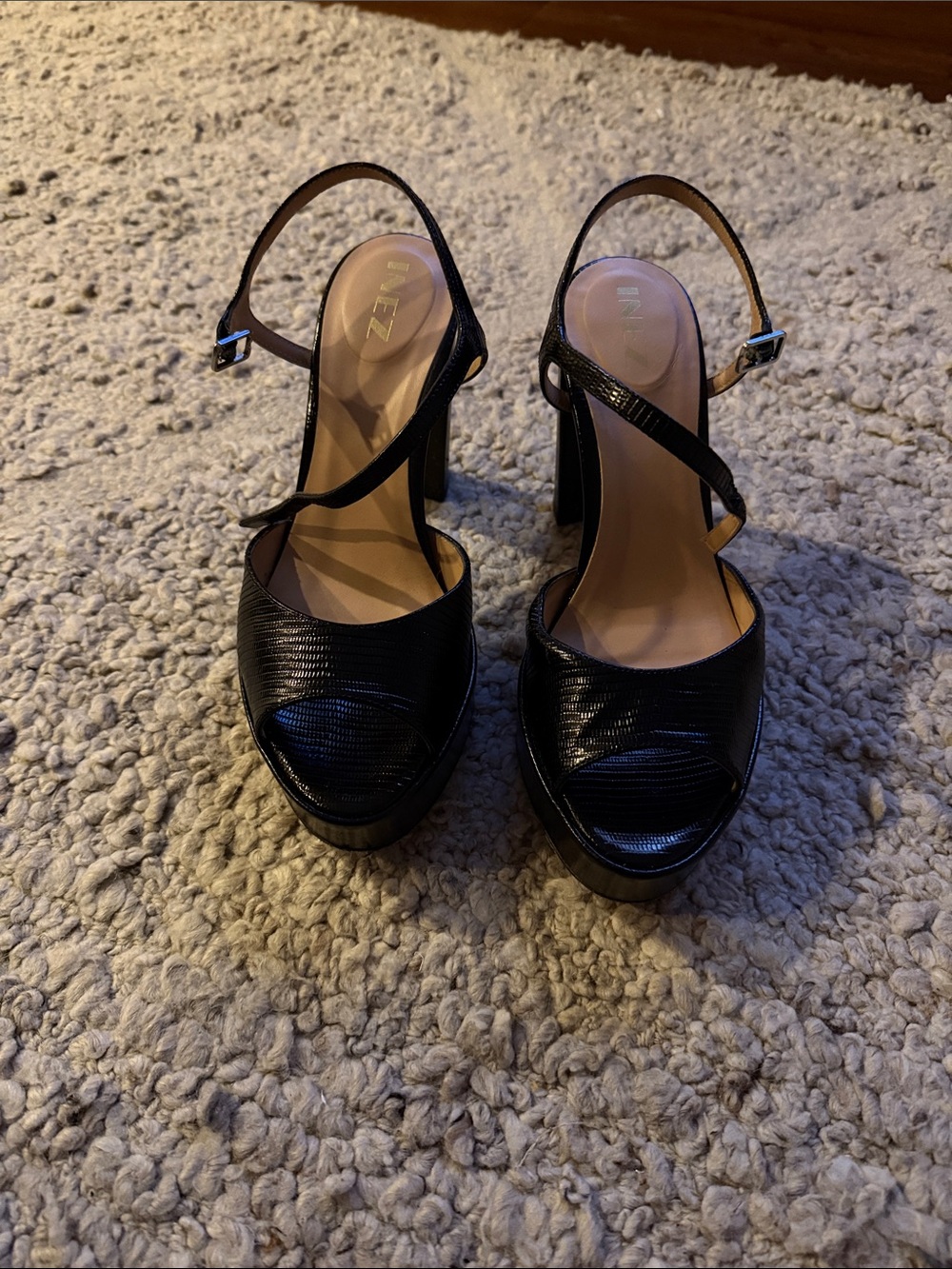 Black Textured Platform Slingback Heels with Ankle Strap